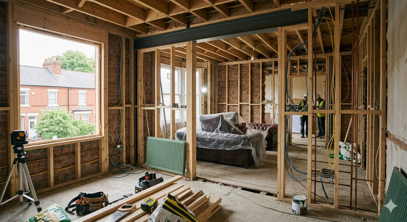 Interior of a residential building mid-renovation showing exposed wooden framing and structural elements in Chesterfield