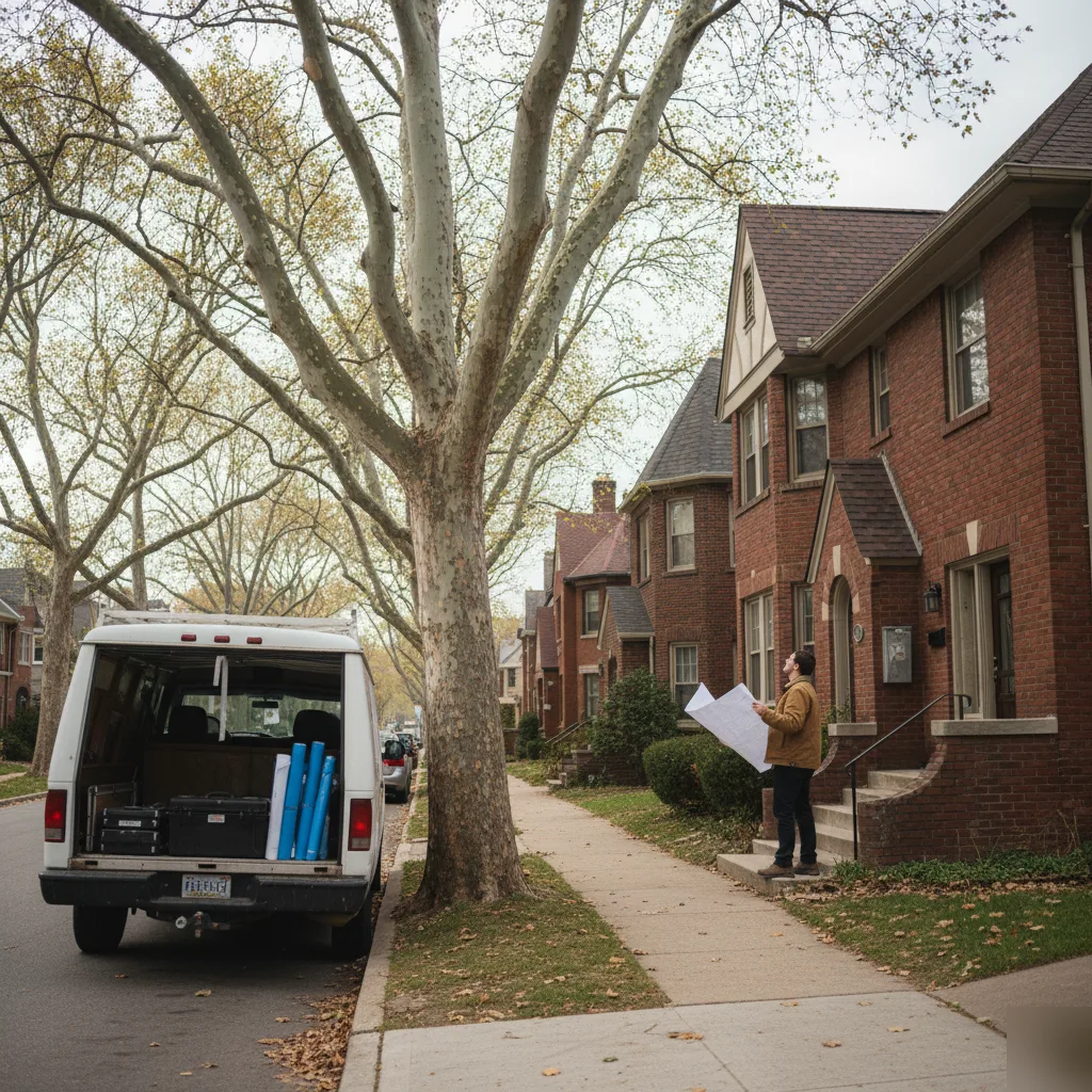 Architect on a site visit among brick homes on a residential Clayton street
