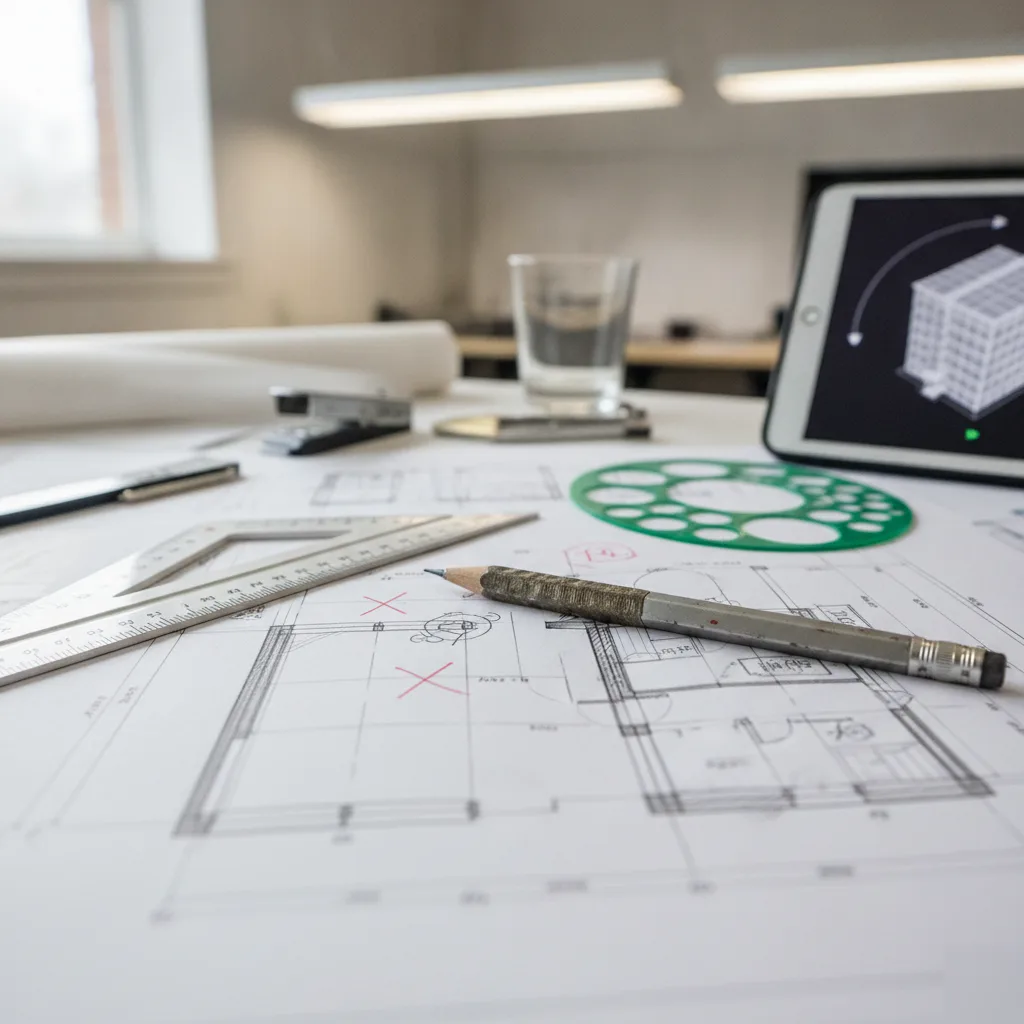 Scale rule and floor plan used to produce as-built drawings of a Clayton home