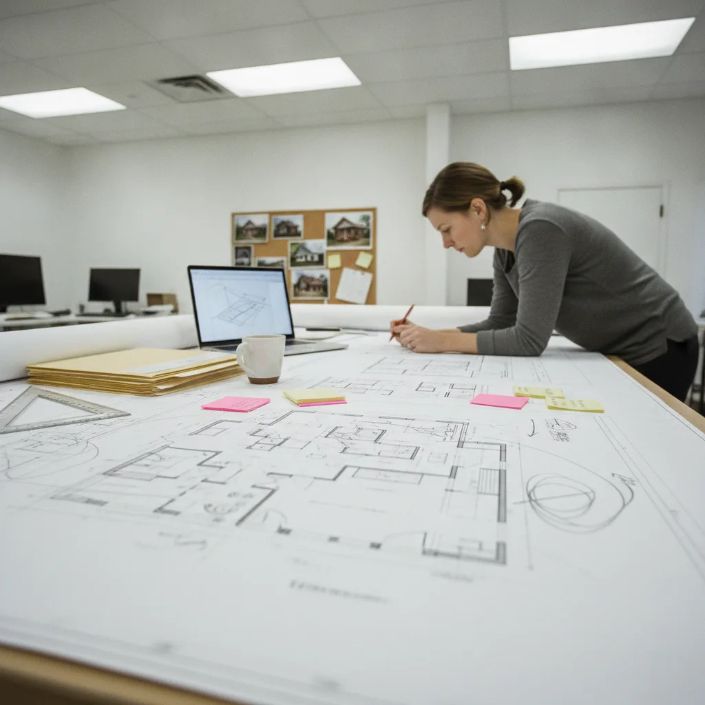 Architectural designer reviewing a floor plan at the drafting table in Clayton