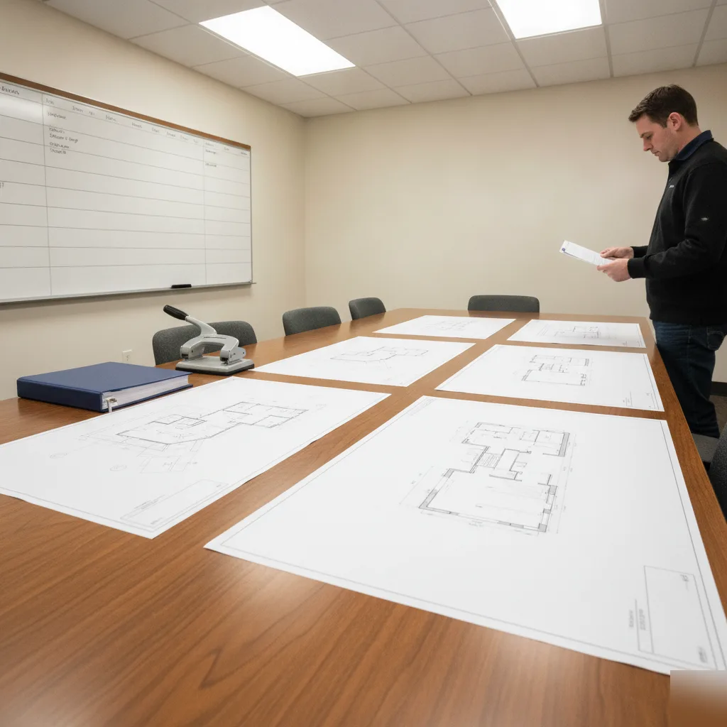 Completed permit drawings set laid out on a conference table in Clayton