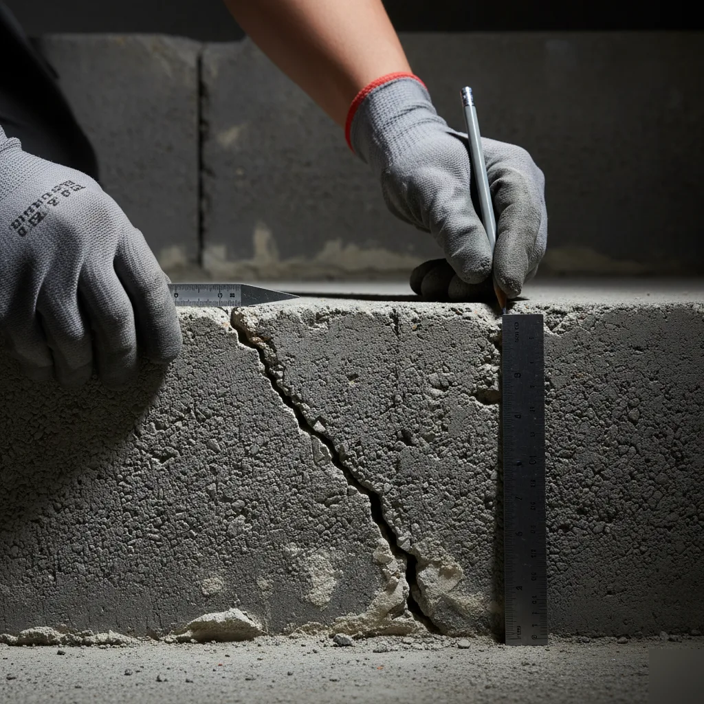 Crack gauge on a concrete block basement wall during a Clayton basement structural inspection