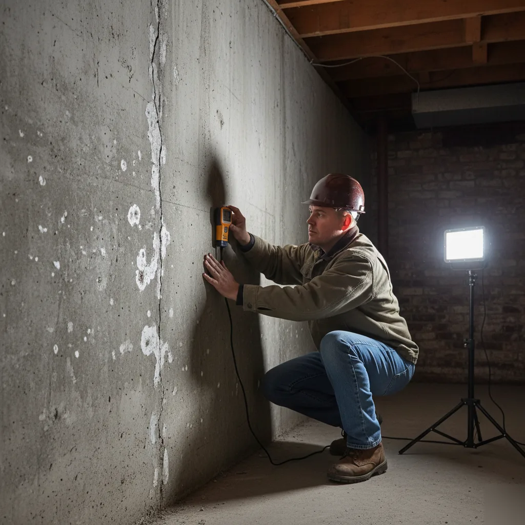 Checking a foundation crack with a moisture meter during a Clayton basement inspection