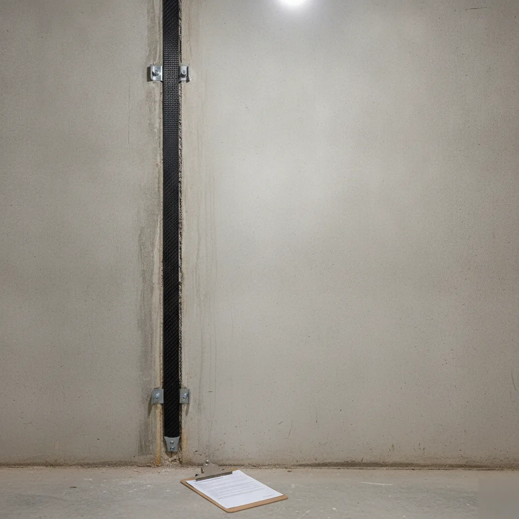 Basement wall reinforced with carbon fiber straps after a Clayton structural repair