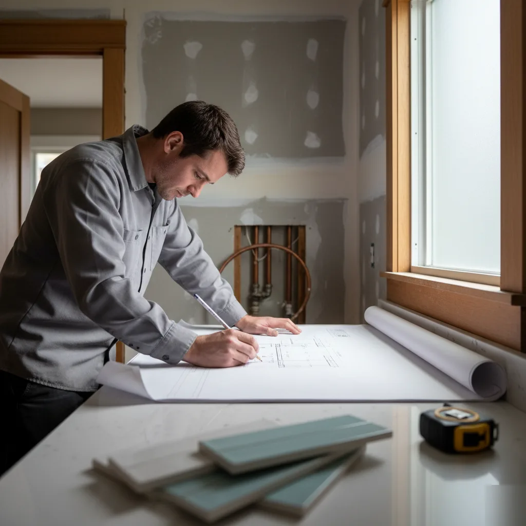 Bathroom renovation design drawings with a vanity layout for a Clayton home