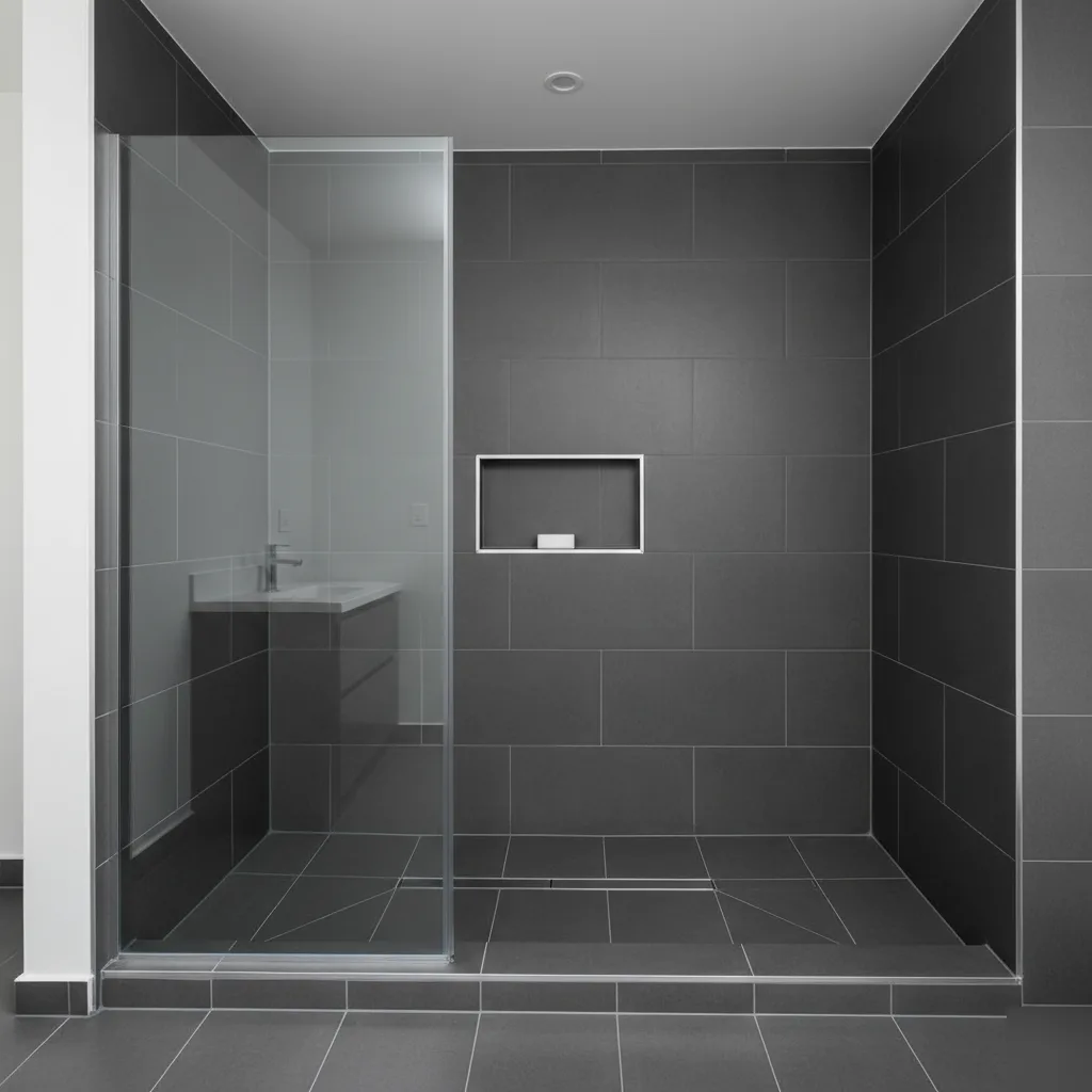 Finished tub-to-shower conversion with charcoal tile in a Clayton bathroom