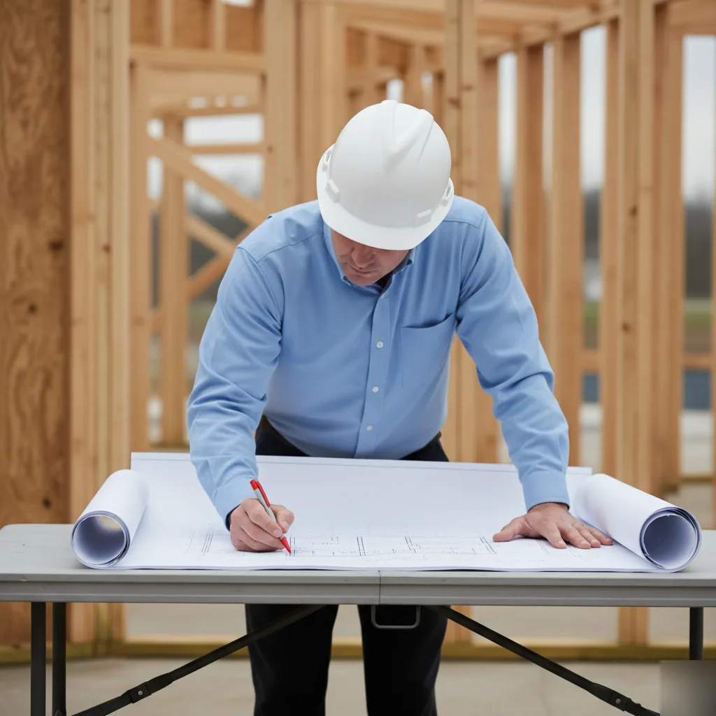 Engineer reviewing blueprints for building code compliance on a Clayton project