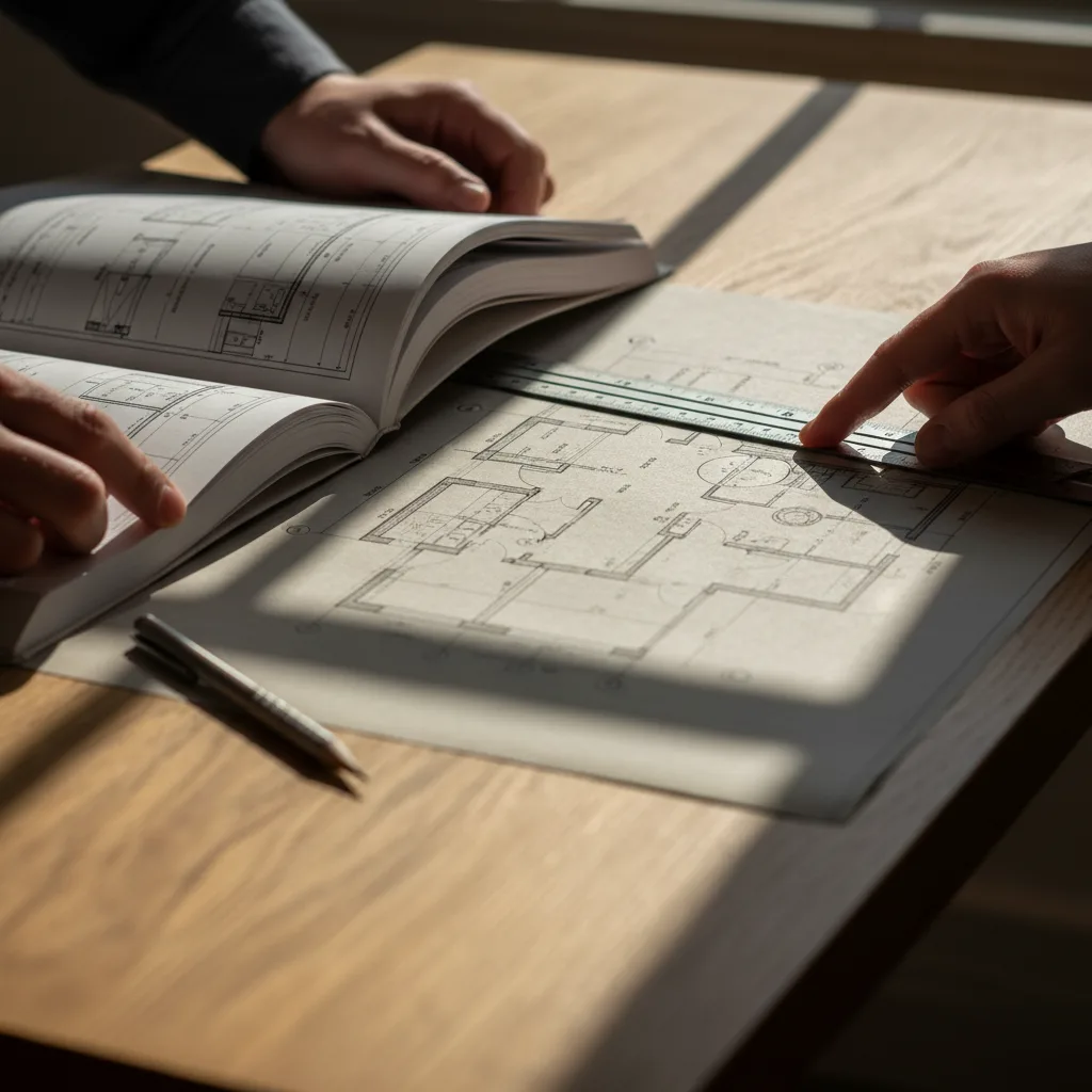 Detail of a floor plan during a code compliance plan review in Clayton