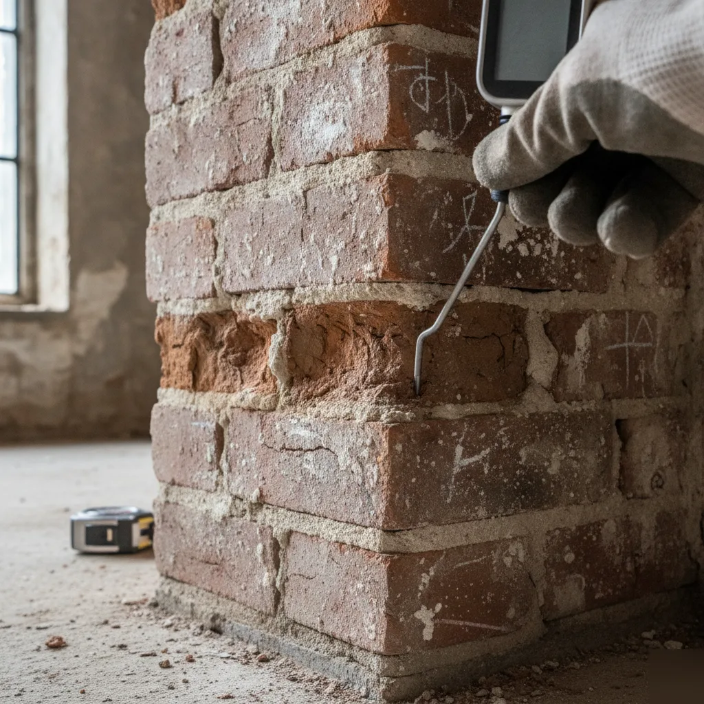 Moisture meter reading on brick mortar during a Clayton building condition assessment