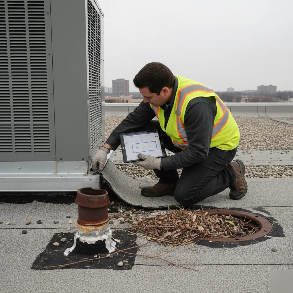 Rooftop membrane and flashing inspection during a Clayton building condition assessment