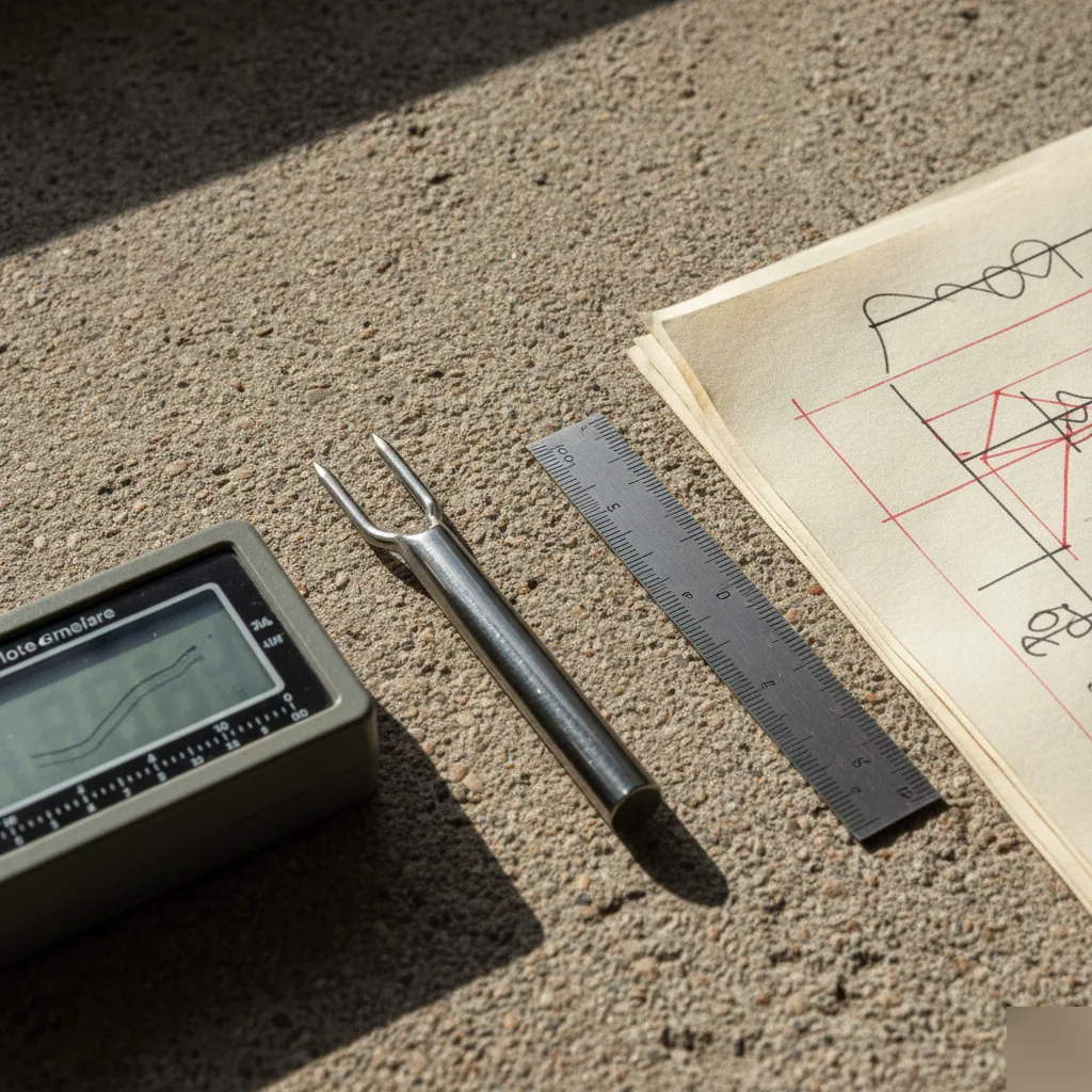 Structural inspection tools and crack gauge used to document a construction defect in Clayton
