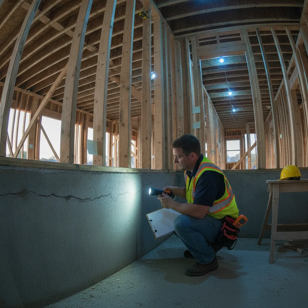 Building inspector evaluating a foundation crack on a Clayton home