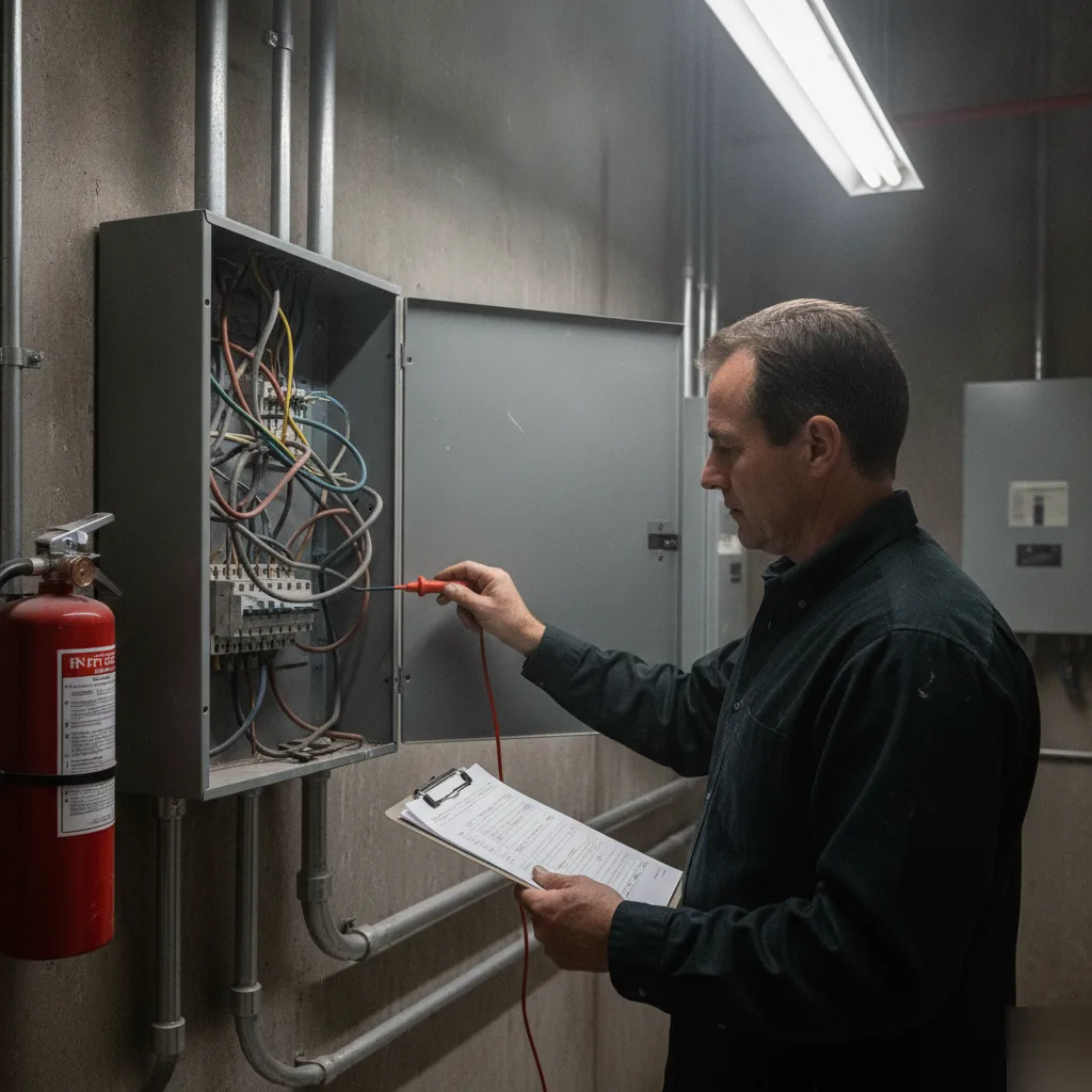 Voltage tester on an electrical panel during a Clayton commercial building inspection