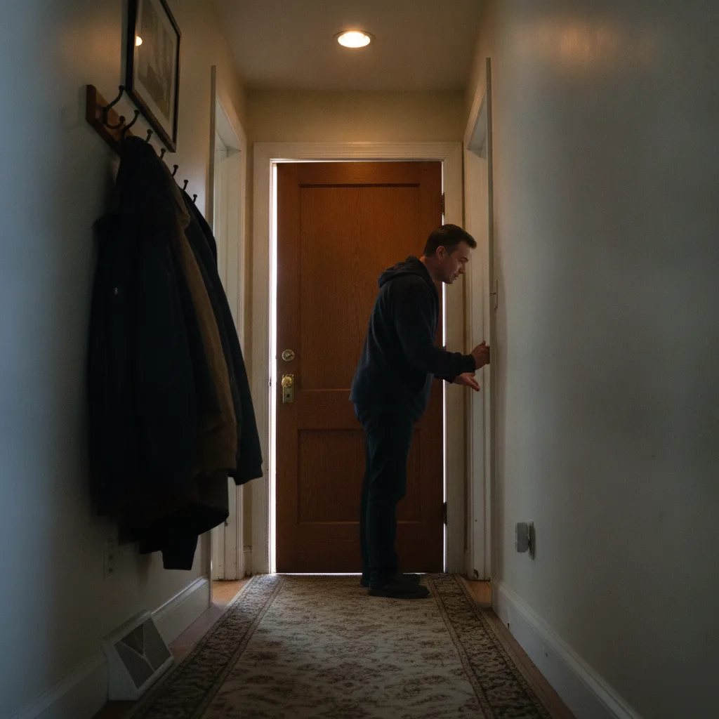 Homeowner showing a misaligned door frame, a sign of a construction defect in a Clayton home
