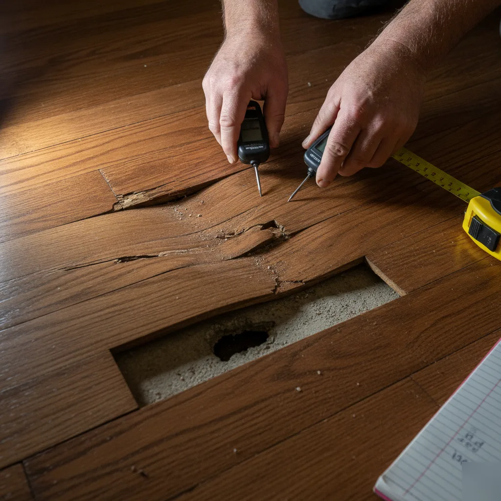 Moisture meter reading on a buckled hardwood floor during a Clayton construction defect evaluation