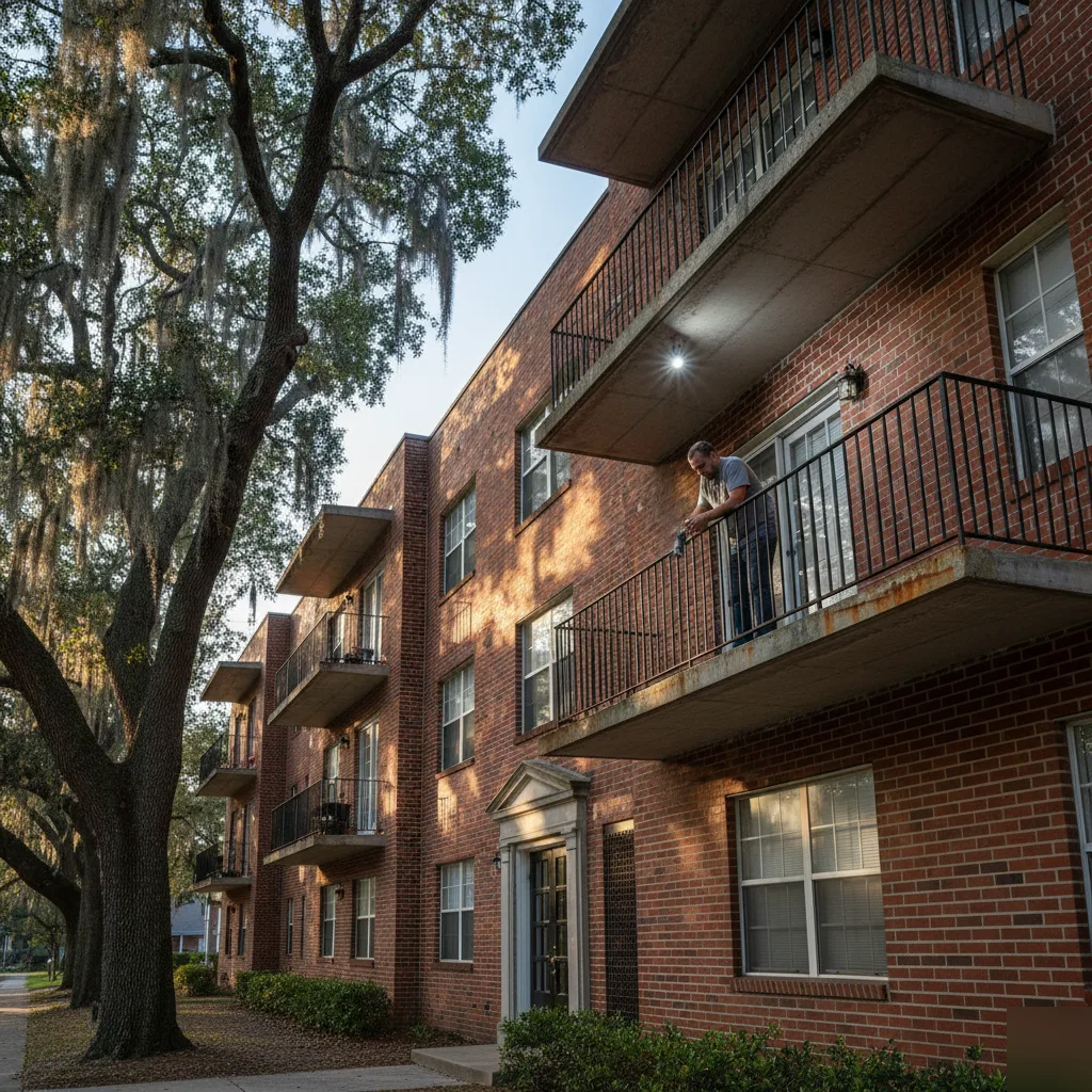 Balcony inspection on a multi-family brick building in Clayton