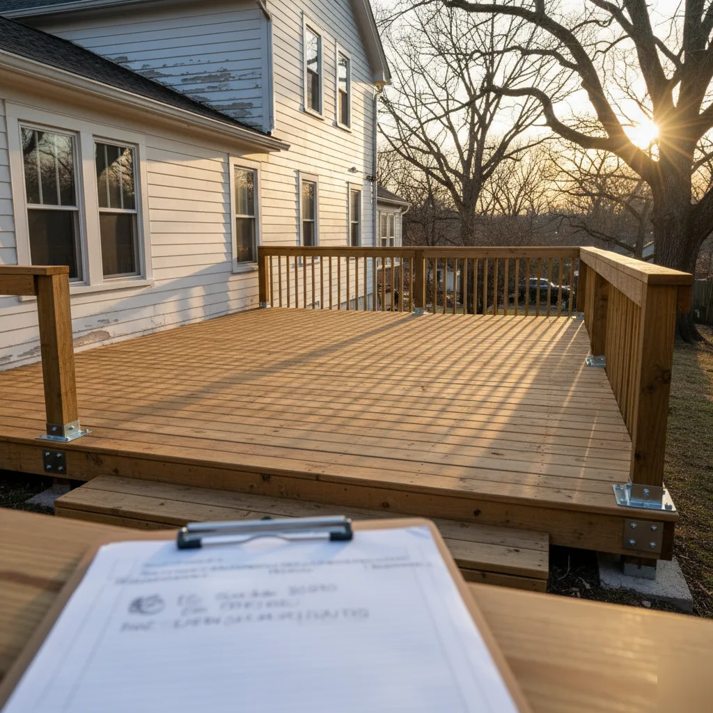 Completed deck inspection report alongside post hardware in Clayton