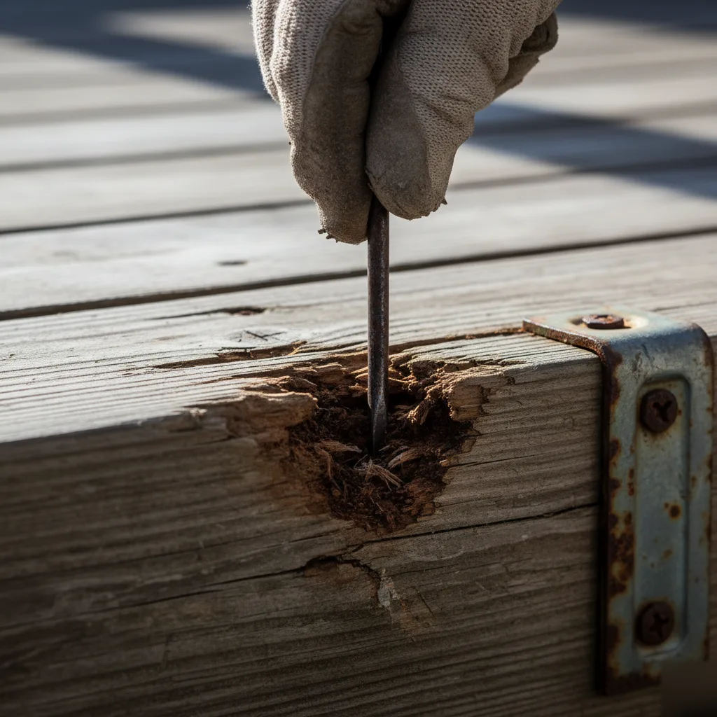 Probing a rotting deck joist with a tool during a Clayton deck inspection