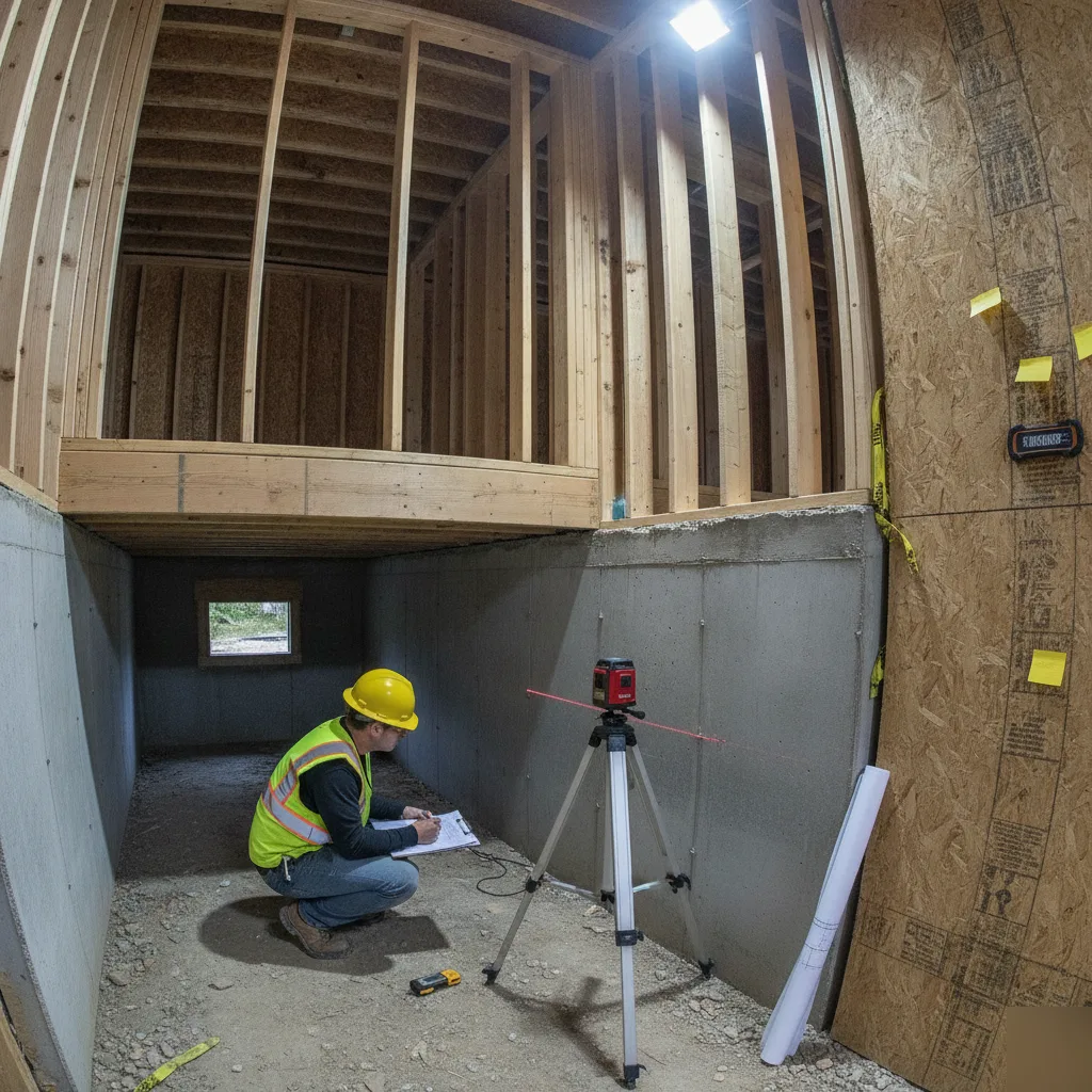 Design engineer reviewing floor framing conditions on site in Clayton