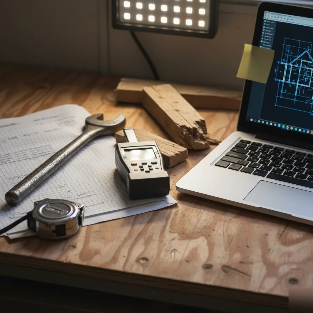 Structural engineering tools, crack gauge, and drawings used for code compliance review in Clayton