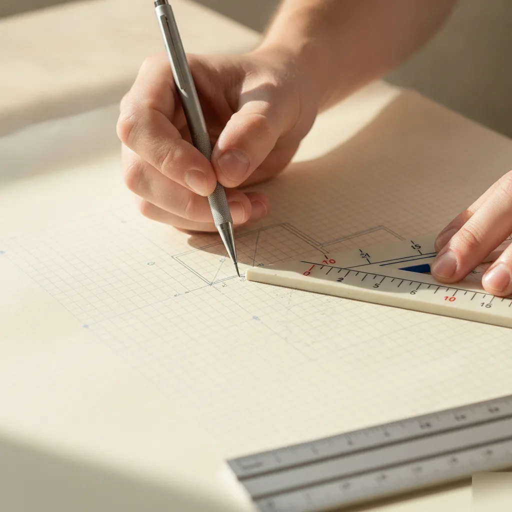 Detail of a floor plan drawing with pencil and scale ruler for a Clayton project
