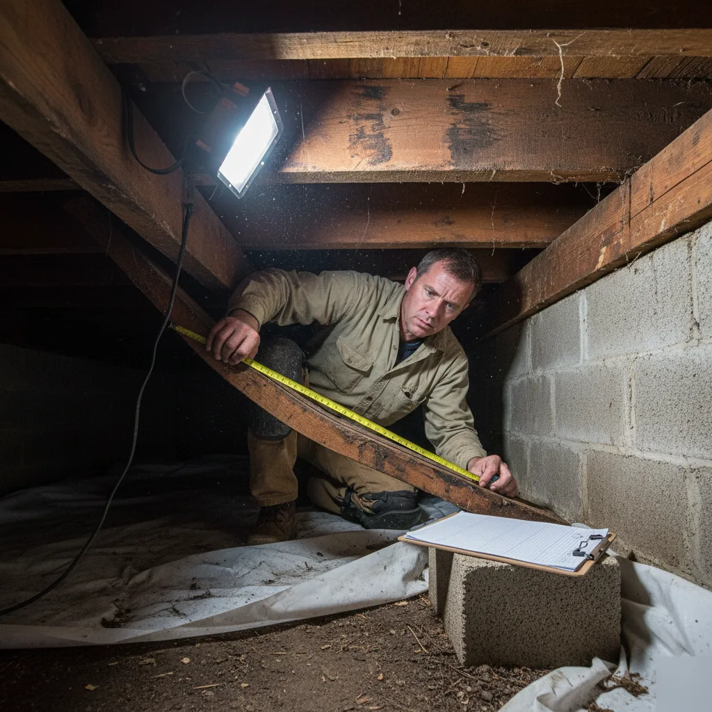 Engineer measuring floor joists in a Clayton crawl space for floor system design