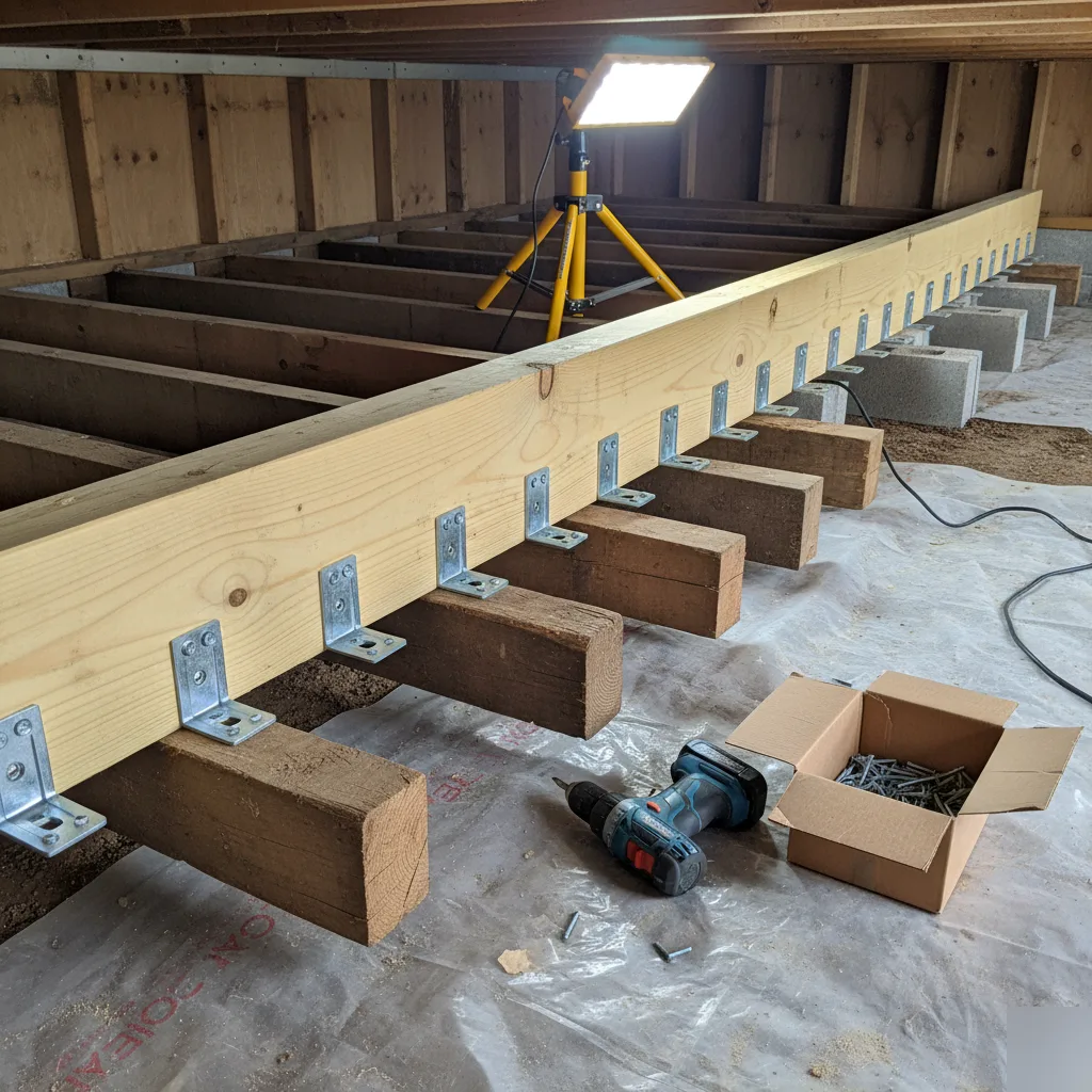 LVL beam and joist hangers installed during a Clayton floor system design project