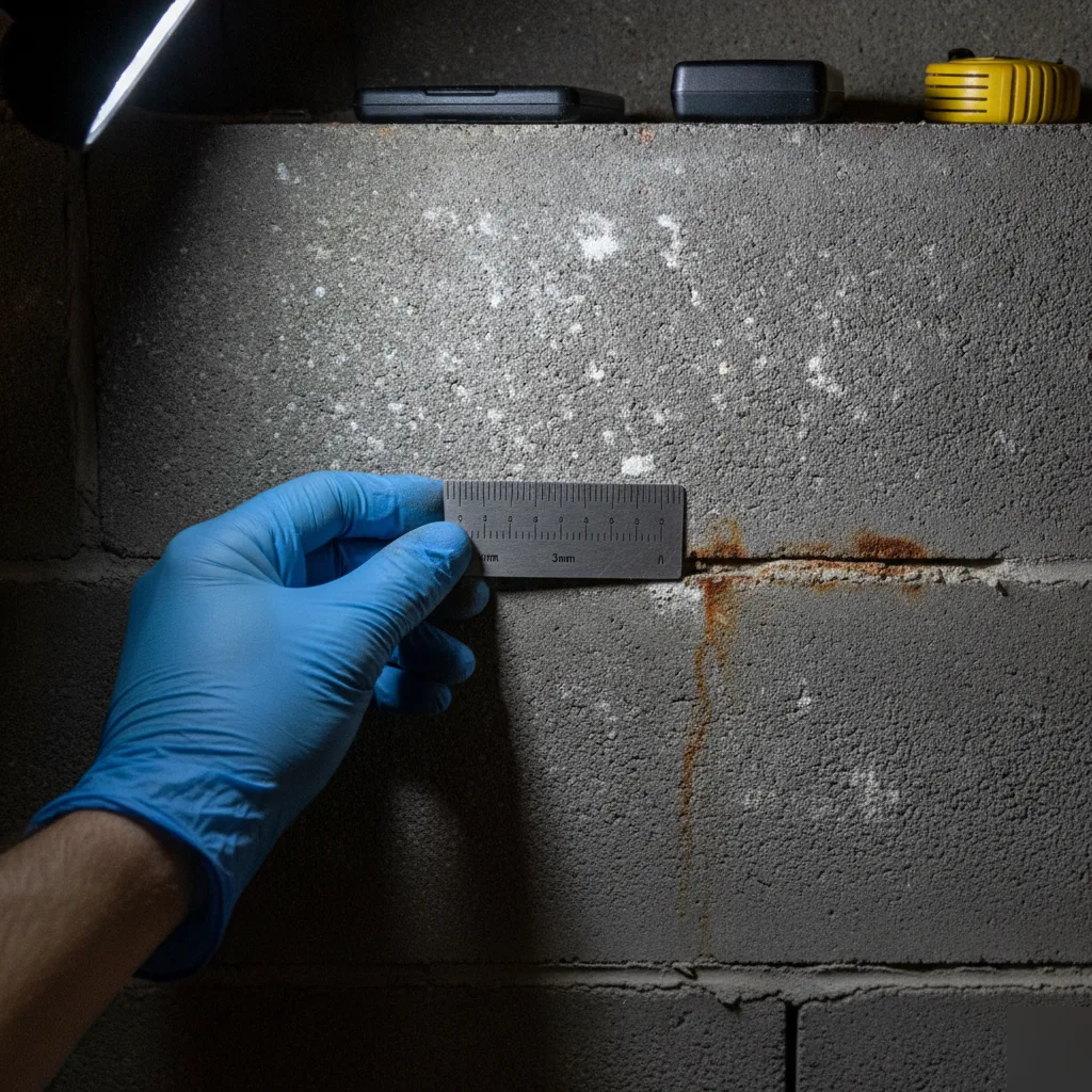 Crack comparator card measuring a horizontal mortar-joint crack in a Clayton basement