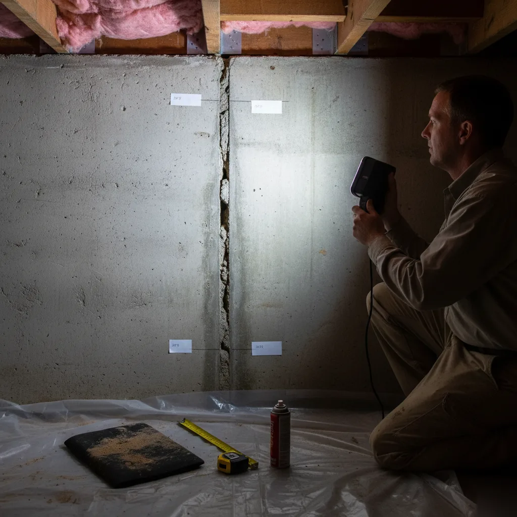 Inspecting a vertical crack in a poured concrete wall in a Clayton crawl space