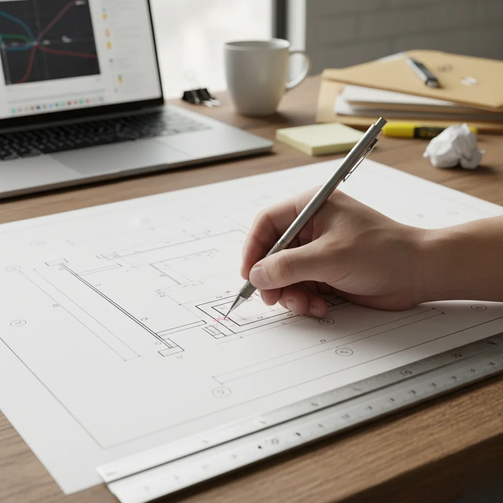 Foundation plan annotated with footing details on a Clayton drafting table