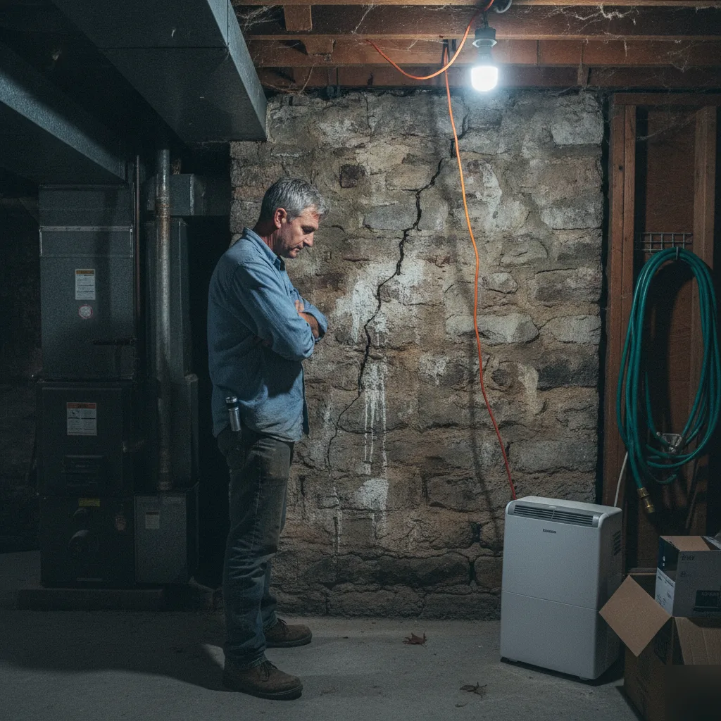 Homeowner inspecting a stone foundation crack in a Clayton basement