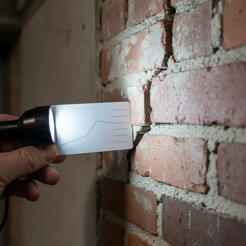 Crack comparator card measuring mortar joint cracking on a Clayton brick foundation
