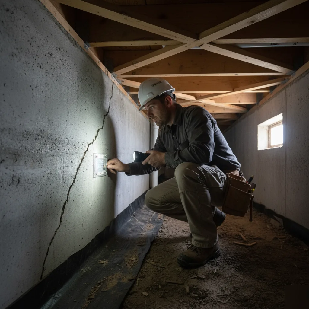 Structural engineer measuring a foundation crack in a Clayton crawl space