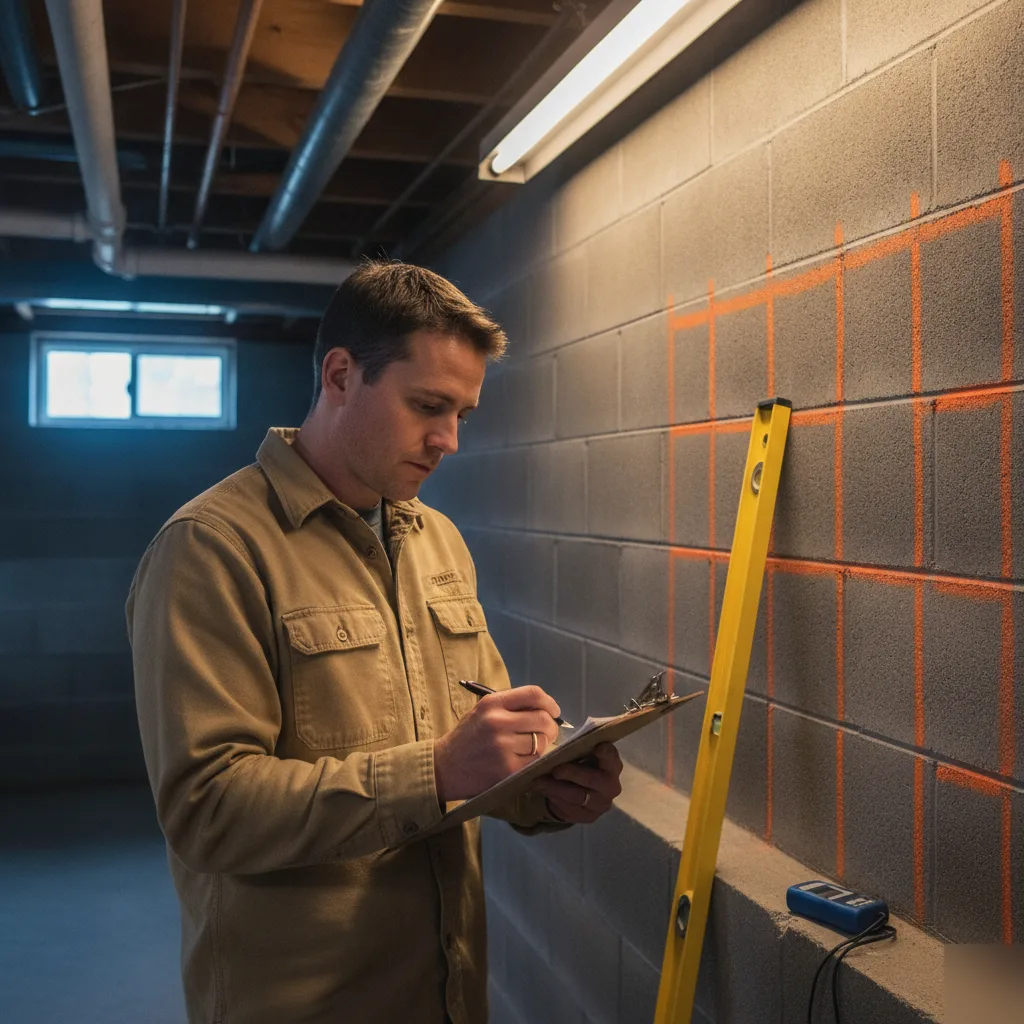 Engineer documenting field notes against a concrete block foundation wall in Clayton
