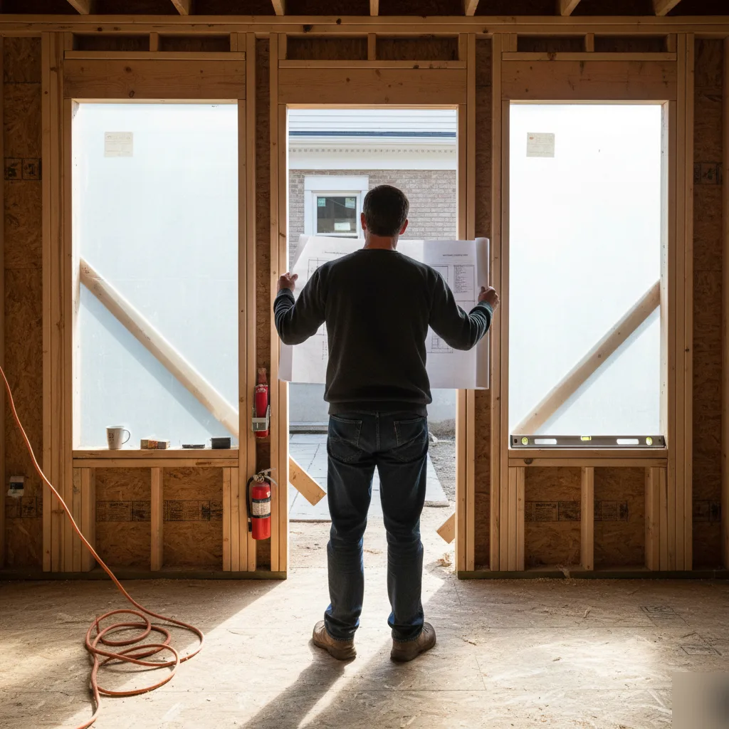 Homeowner reviewing stamped structural drawings against addition framing in Clayton