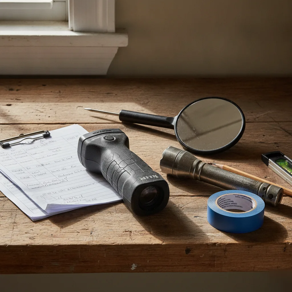 Home inspection tools including a moisture meter and thermal camera used in Clayton
