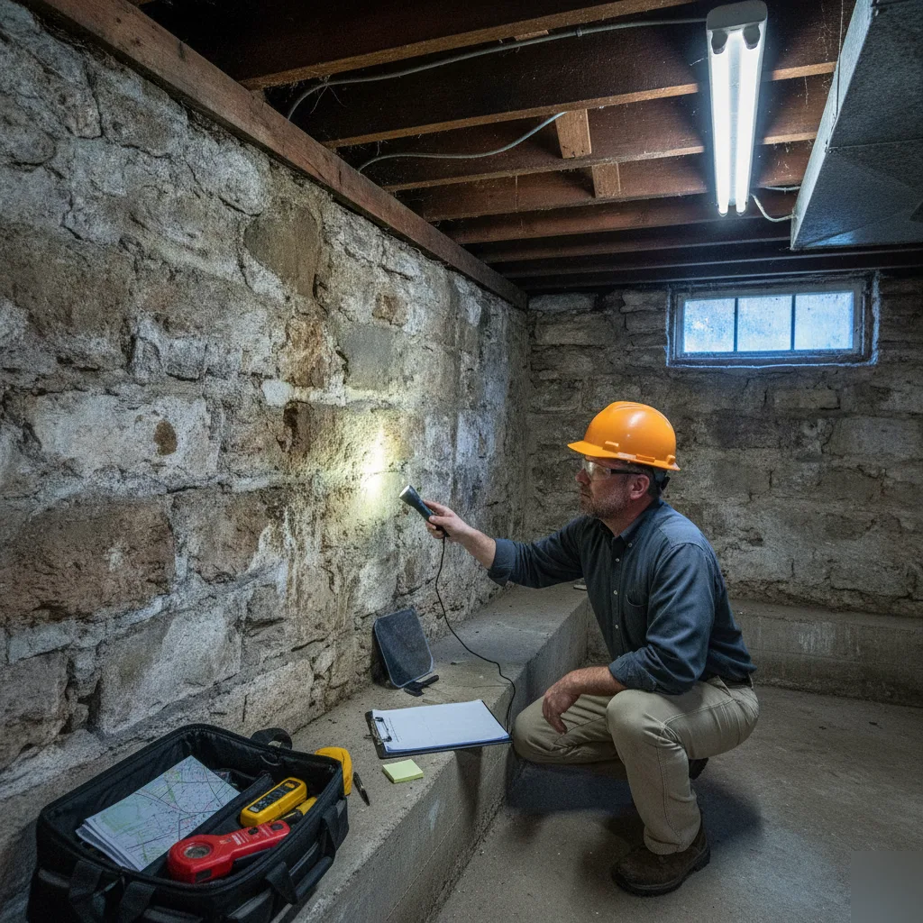 Home inspector evaluating foundation conditions during a Clayton basement structural inspection