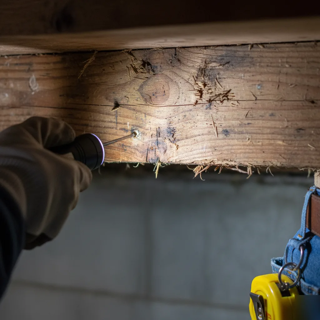 Feasibility inspection using a moisture meter on a floor joist in a Clayton home