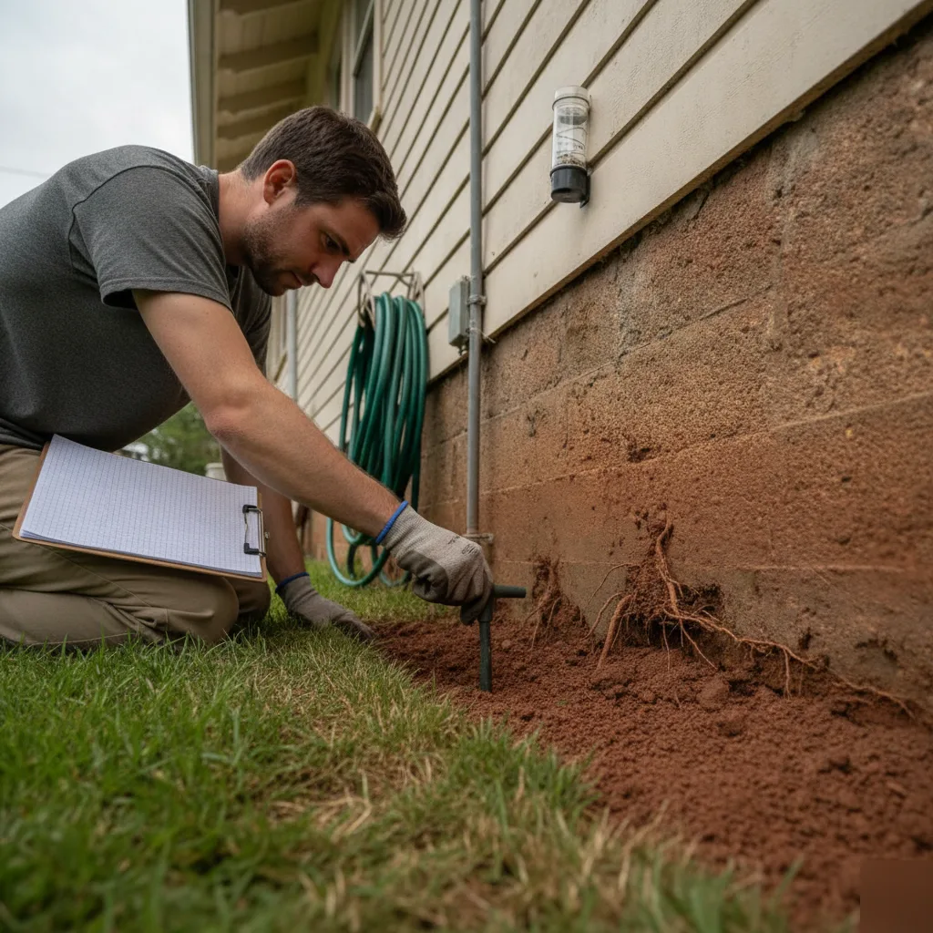 Soil probe at a foundation footing during a below-grade remodel feasibility review in Clayton
