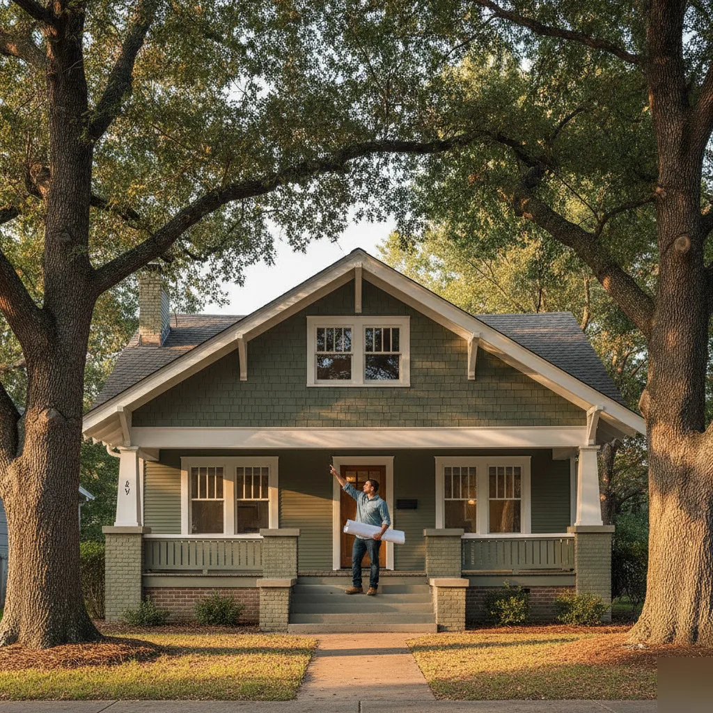 Craftsman bungalow exterior with renovation drawings in Clayton