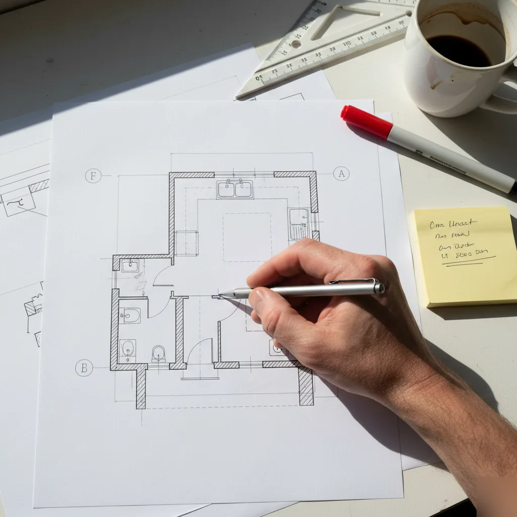 Kitchen remodel permit drawings on a drafting table in Clayton