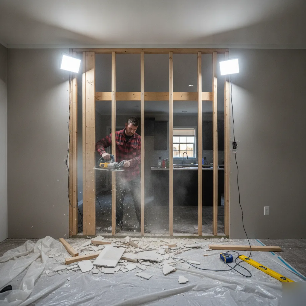 Framing cut during load-bearing wall removal in a Clayton home
