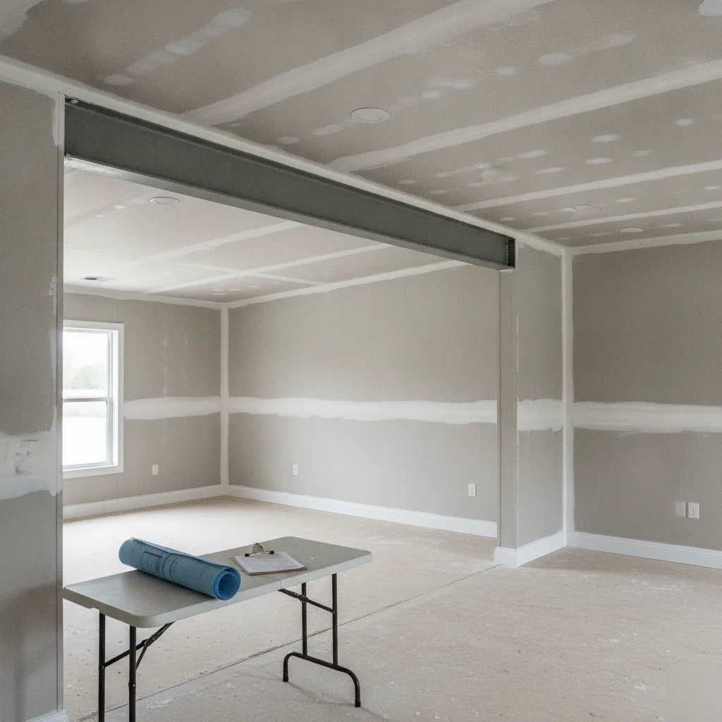 Steel beam installed after load-bearing wall removal opens up a Clayton home