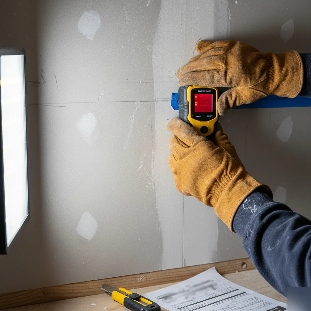 Stud finder detecting framing behind drywall to identify a load-bearing wall in a Clayton home