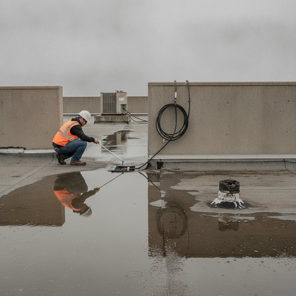 Inspecting shared roof flashing and drainage on a Clayton multi-family building