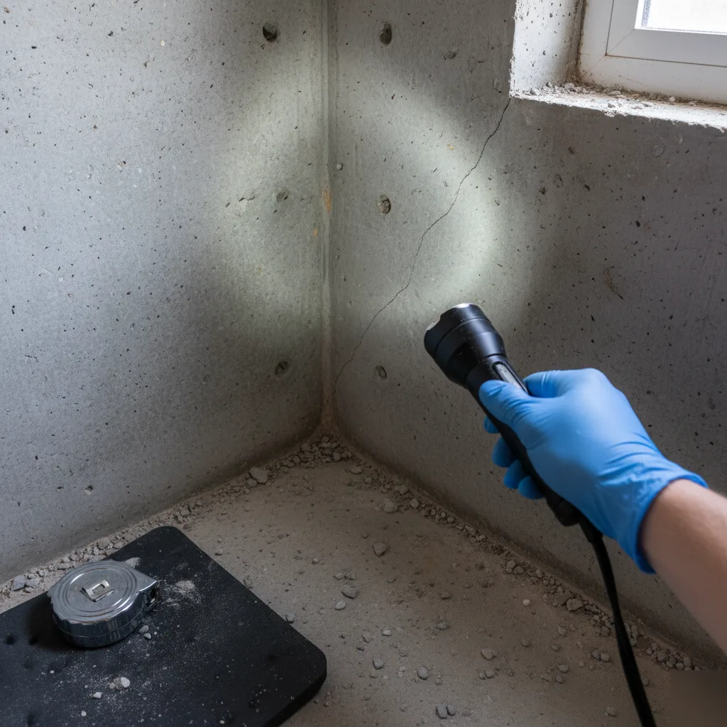 Inspecting a foundation concrete crack during a Clayton new construction inspection