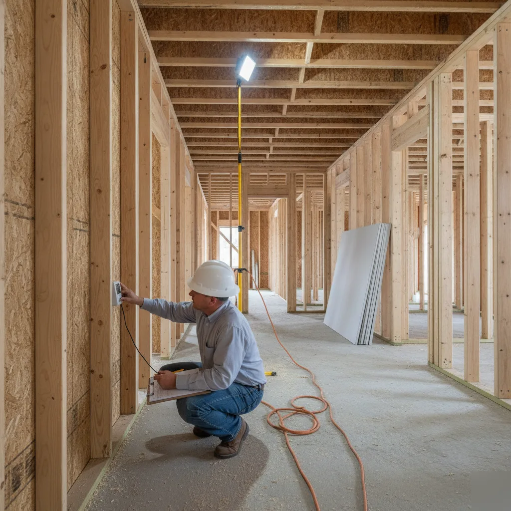 Checking new framing with a moisture meter during a Clayton new construction inspection