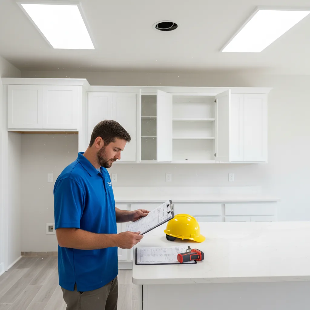 Reviewing a new construction inspection report in a Clayton home kitchen