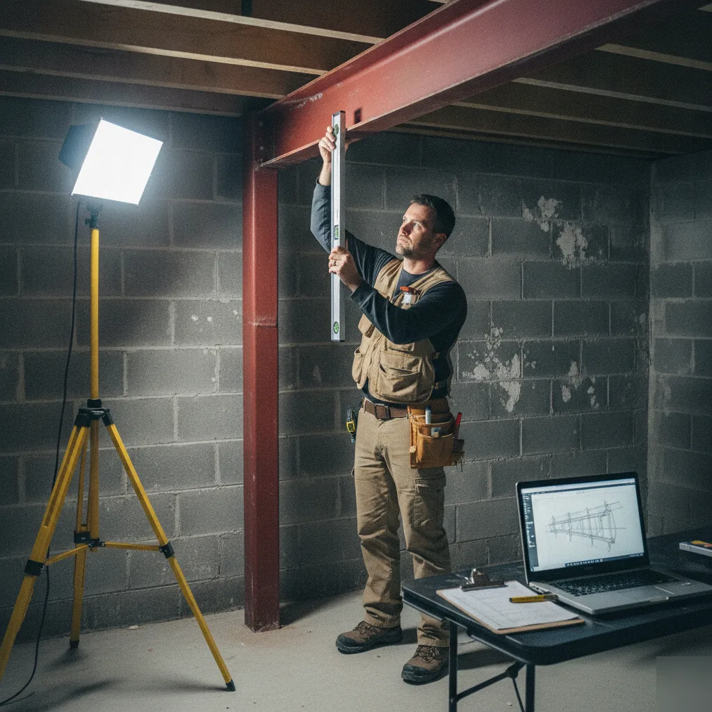 Engineer checking basement beam deflection with a level during a Clayton structural inspection