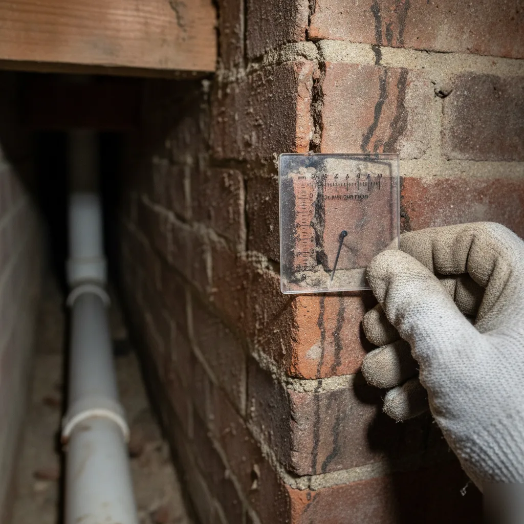 Crack comparator card on a brick foundation in a Clayton crawl space during a pre-purchase inspection